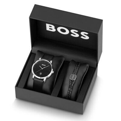 Hugo Boss 1570145 Men's Confidence D Leather Watch & Braided Leather Bracelet Set 2PC/ BLACK (BOX)