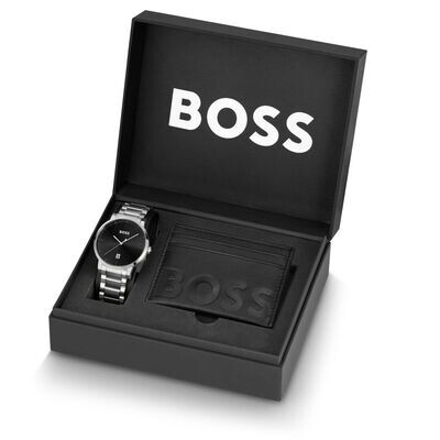 Hugo Boss 1570146 Men's Confidence E Steel Watch & Card Holder Set 2PC/ BLACK (BOX)