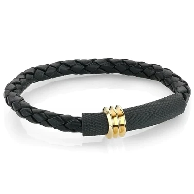 Italgem SLB386-7.7’’ Men’s Black-Gold-IP S. Steel Mesh-Plate Black-Bolo Leather Bracelet