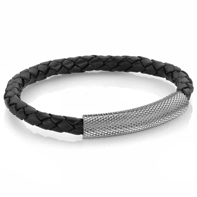 Italgem SLB385-7.7 mens steel mesh plate black leather bracelet magnetic clasp