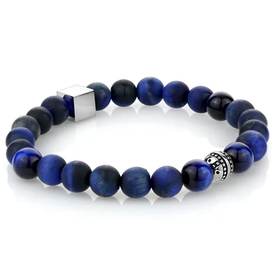 Italgem BB-167-8.2" Gun -IP S.Steel Matte Genuine Blue Tiger Eye Bead Bracelet 8.2"