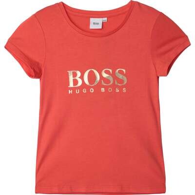 Hugo Boss Girls Coral short sleeve tee with gold and glitter logo J15418/402