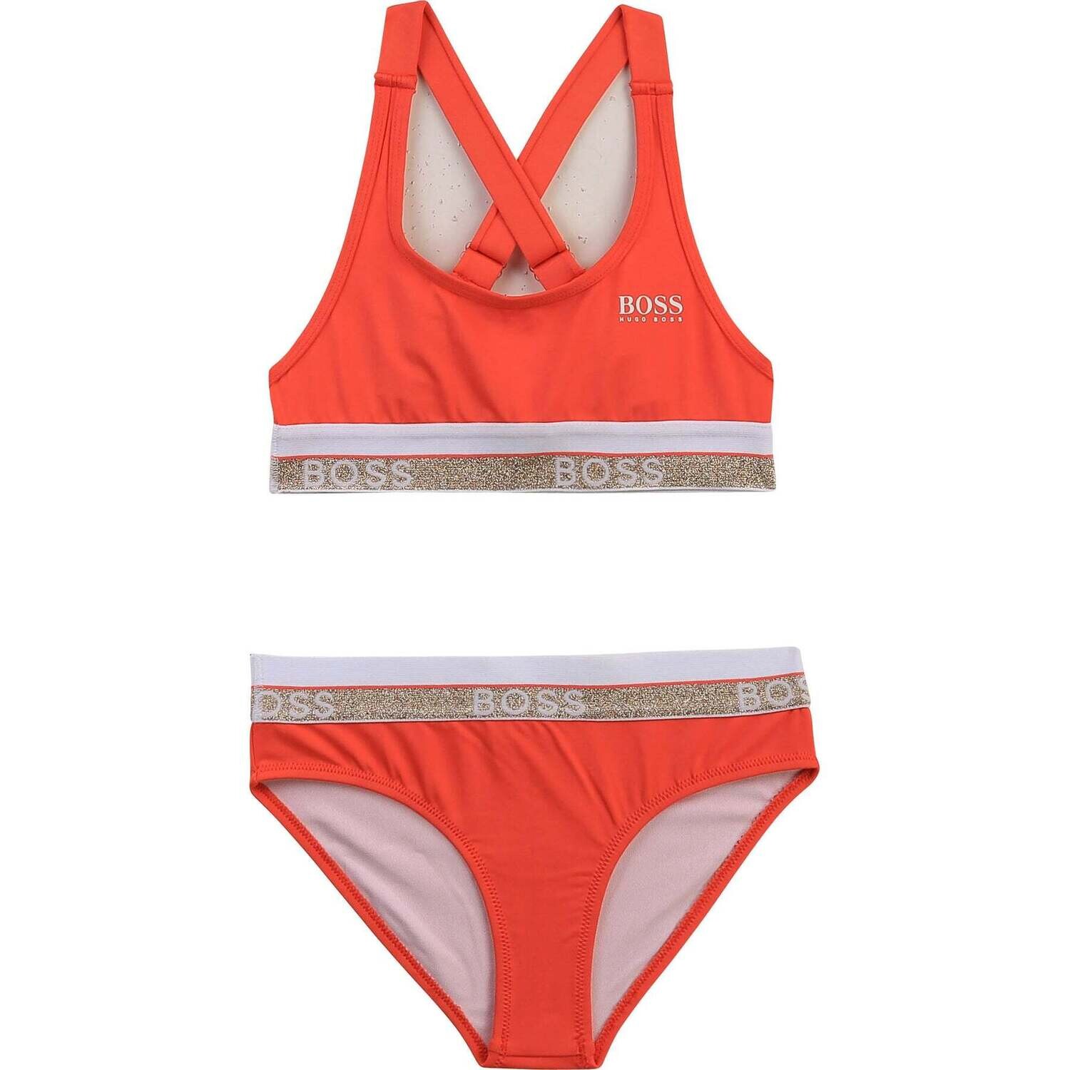 Hugo Boss two piece Coral bathing suit with a gold and white stripe size 6  J10116/402