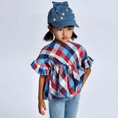 Mayoral Girls colourful checkered blouses with puffy ruffled sleeves 3194