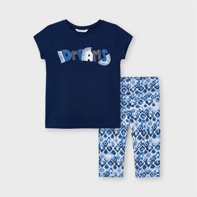 Mayoral Girls 2 piece set (1 Navy blue shirt saying dreams and 1 pair of light blue patterned leggings) 3741