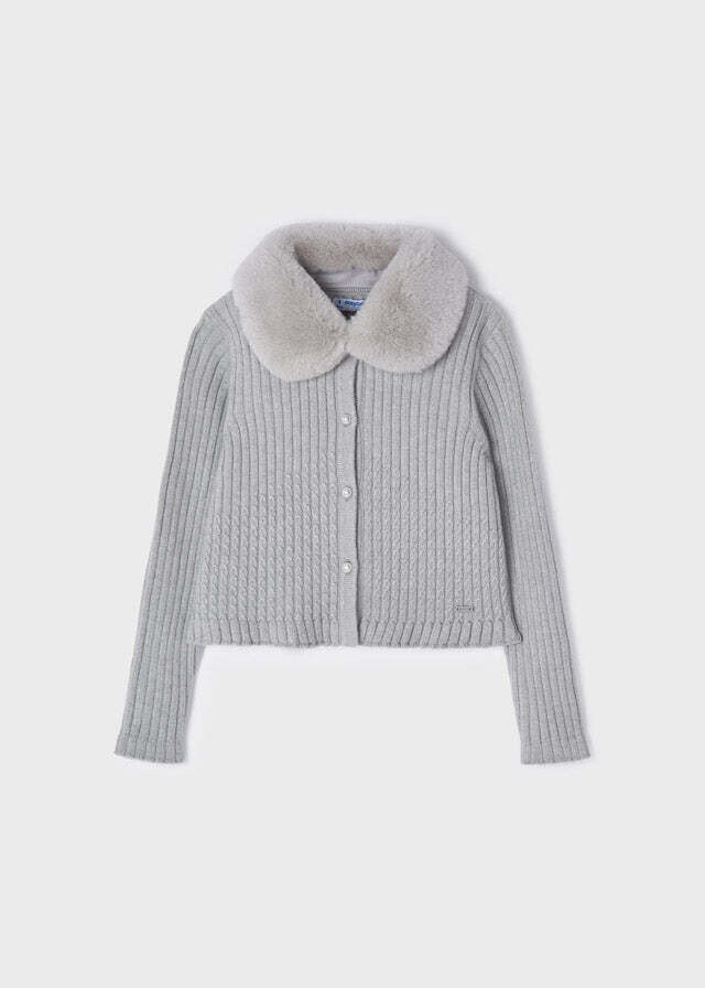 Mayoral 4309 Girl’s Long Sleeve Ribbed Faux Fur Collar Cardigan