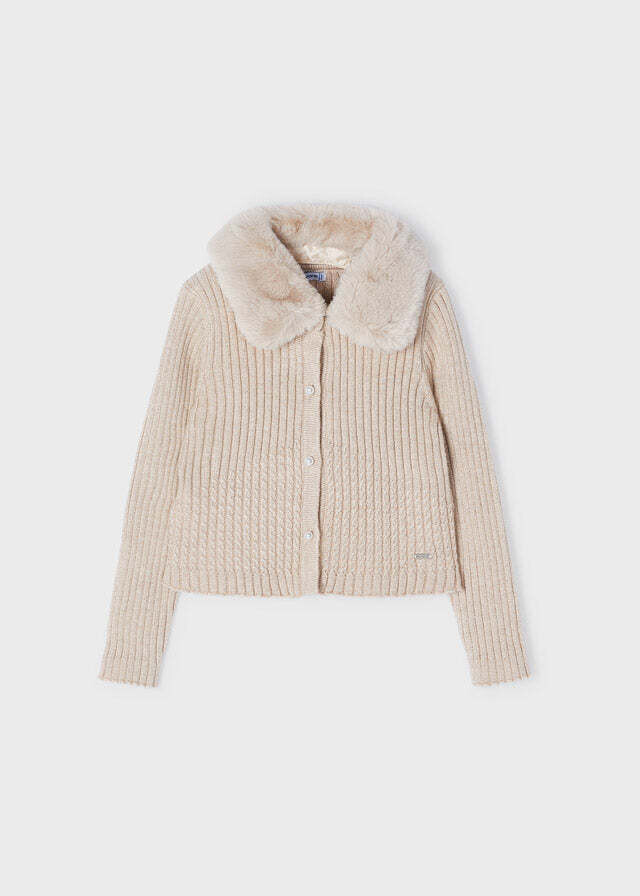 Mayoral 4309 Girl’s Long Sleeve Ribbed Faux Fur Collar Cardigan