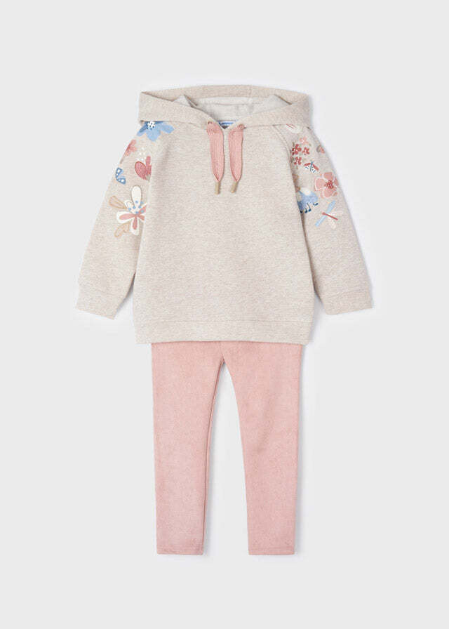 Mayoral 4768 junior girls beige hoodie with flowers and pink leggings set