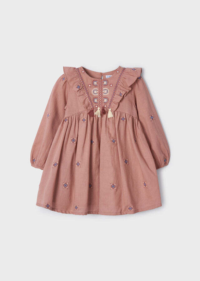 Mayoral 4962 junior girls pink long sleeve embroidered dress with fringes
