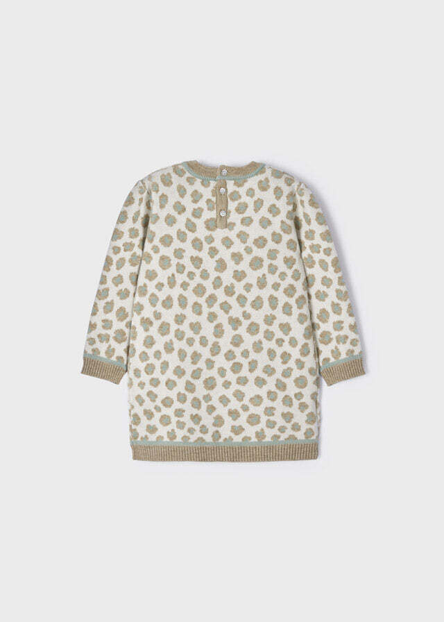 Mayoral 2953 baby girl white grey and brown long sleeved leapord print knit dress