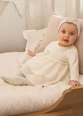 Mayoral 2822 baby girls cream cloured long sleeved dress with lace trim on sleeves and collar