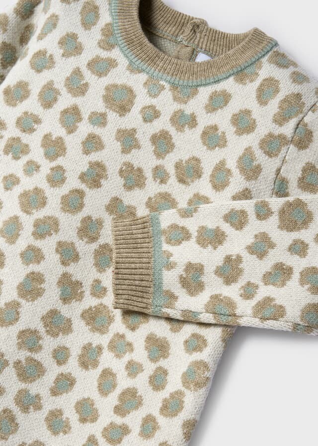Mayoral 2953 baby girl white grey and brown long sleeved leapord print knit dress