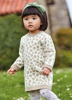 Mayoral 2953 baby girl white grey and brown long sleeved leapord print knit dress