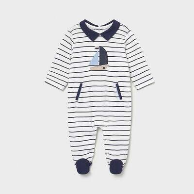 Mayoral 1628 baby boys white onesie with embriodered blue and beige car