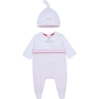 Hugo Boss J98318/10B Baby Girl Onesie & Hat Pink/White w/ Sparkle Waist Band Set
