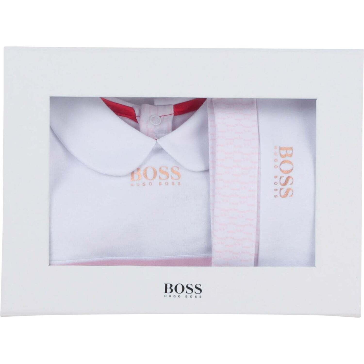 Hugo Boss J98318/10B Baby Girl Onesie & Hat Pink/White w/ Sparkle Waist Band Set