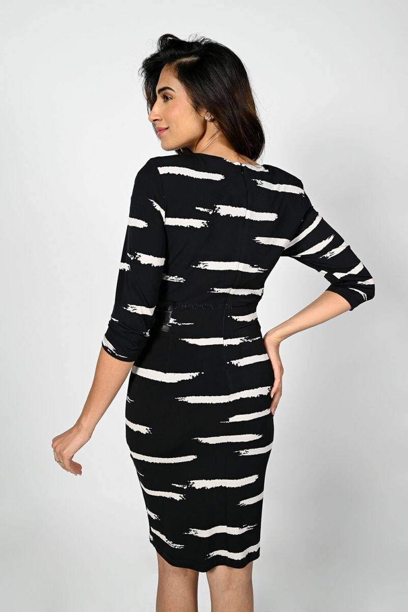 Frank Lyman 224183 Women's Long Sleeve Striped Dress w/ Faux Leather Waist Tie – Black- Tan