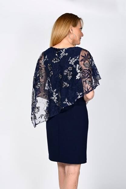 Frank Lyman 238100 Women's SL Embossed Chiffon Cape Dress – Midnight