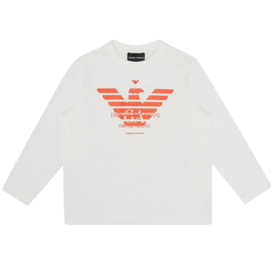 Emporio Armani 6L4TJE White Long Sleeve T-shirt for boys with orange logo in the middle