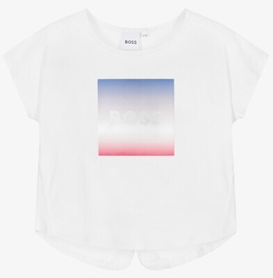 Hugo Boss Girls Youth J15444/10B White T-Shirt w/ Square Blue-Pink Ombre Logo