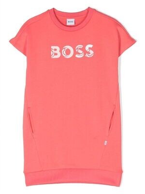 Hugo Boss J12224 Girl's Short Sleeve "BOSS" Logo Sweater Dress – Poppy