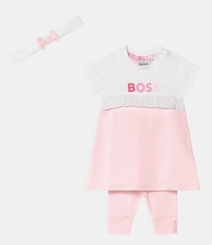 Hugo Boss J98346\44L Baby Girl’s 3 Piece set Top,legging and headband white and pink