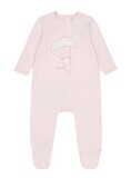Hugo boss J97190/44L baby girls pink pajama with a bunny that is holding a parachute