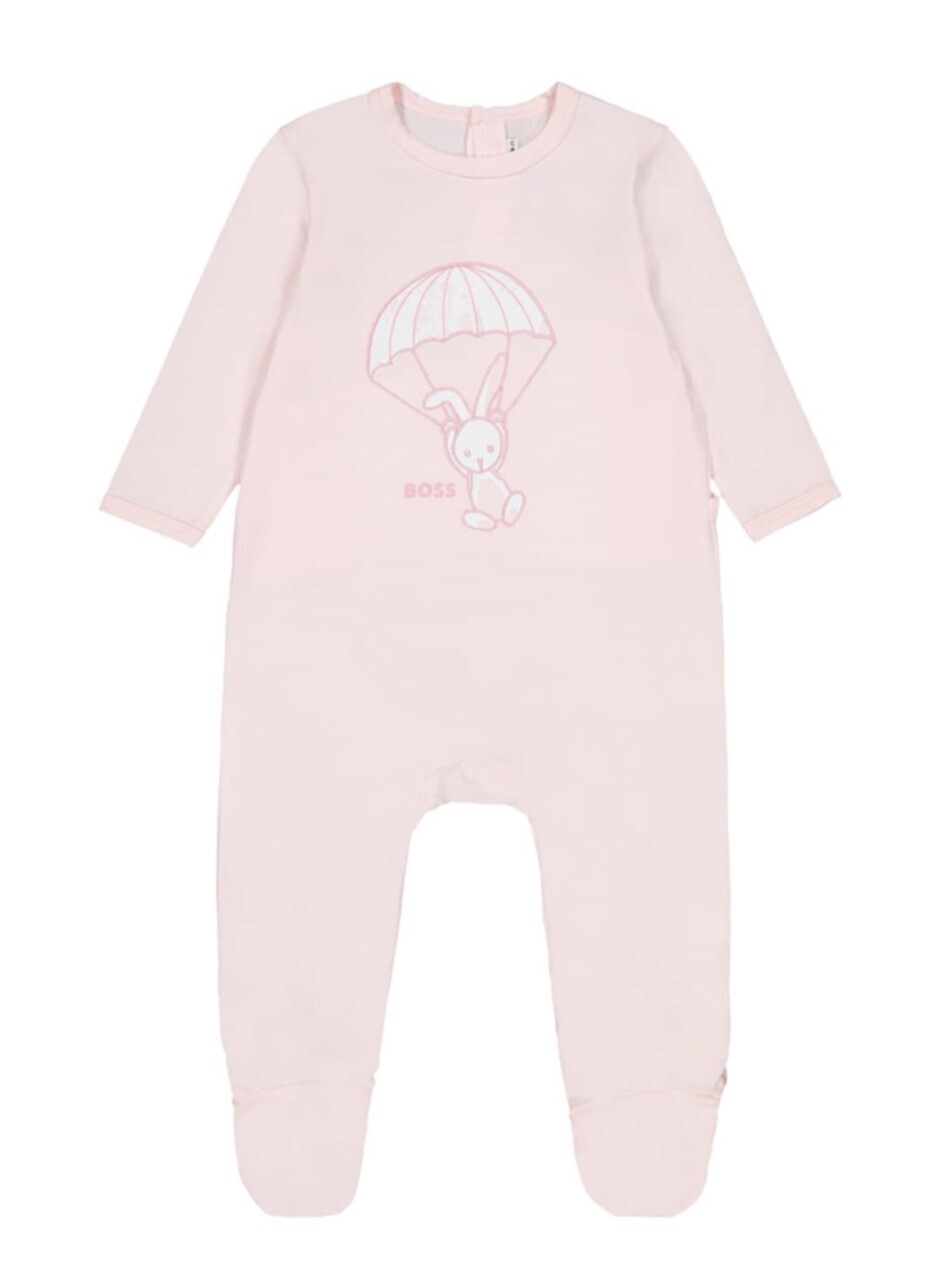 Hugo boss J97190/44L baby girls pink pajama with a bunny that is holding a parachute, Size: 3m