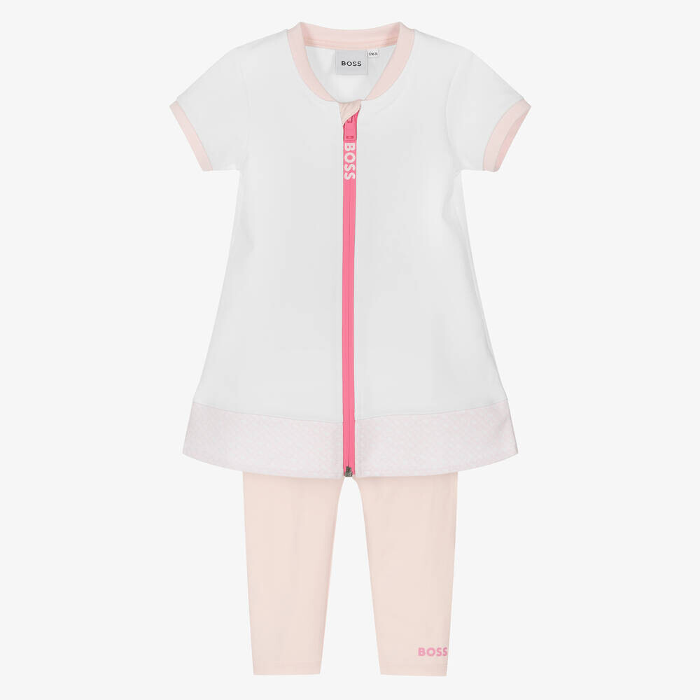 Hugo Boss J98399 Baby Girl's SS Zip-Up Dress & Leggings Set 2PC /WHITE, Size: 6M