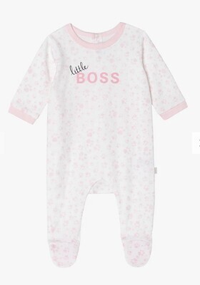 Hugo Boss “little Boss” pink paw print onesie with feet for baby girl J97184/10B