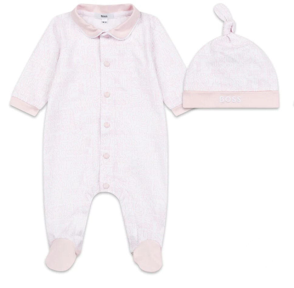 Hugo Boss J98362/44L Baby Girl Pink & White Hat and onesie set, Size: 3M