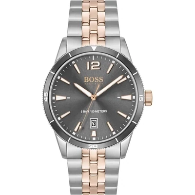 Hugo Boss 1513903 Gents Rose Gold And Steel Case And Bracelet With Black Bezel And Smokey Grey Dial Analogue