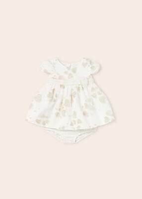 Mayoral 1813 2 piece crudo coloured dress with beige heart pattern and belted waist and diper cover