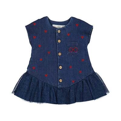 Mayoral 1827 Baby Girl's Denim Dress with Red Hearts