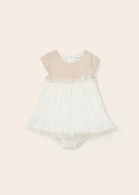 Mayoral 1819 Baby Girl’s Short Sleeve Linen & Tulle Polka Dot Dress w/ Diaper Cover 2PC