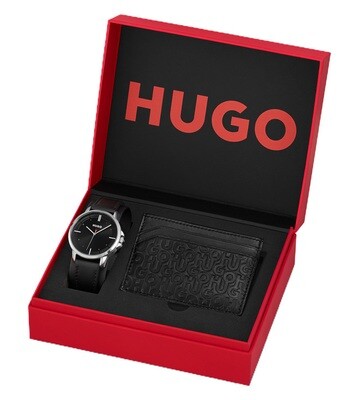 Hugo Boss 1570137 Men's Stainless Steel & Leather Watch & Logo Card Holder Set 2PC/ BLACK (BOX)
