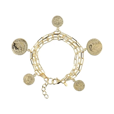 Etrusca WSET00585.YG 18KT Gold-Plated Triple Strand Paperclip Link & Coin Dangles Bracelet