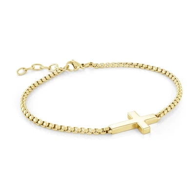 Italgem SMB546 Mens Gold IP S. Steel Sideways Cross 2.5mm- Round Box 7.5”1” Bracelet