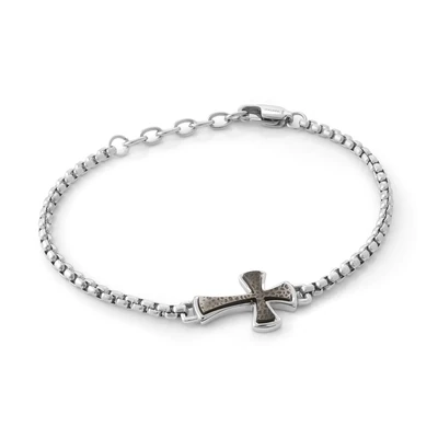 Italgem SMB430 Mens S. Steel Gun-IP Hammered Cross Round-Box Bracelet