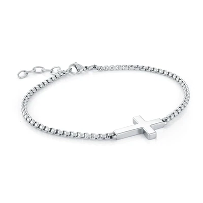 Italgem SMB545 Mens S. Steel Sideways Cross 2.5mm Round Box Bracelet 7.5” +1”
