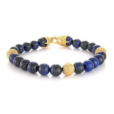 Italgem BB-227 Men's Gold-IP Steel Blue Tiger Eye Claw Clasp Bead Bracelet
