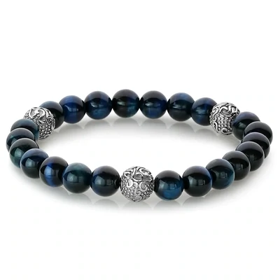 Italgem mens BB-102 Steel Blue Tiger Eye w/ Steel Bead Stretch Bracelet