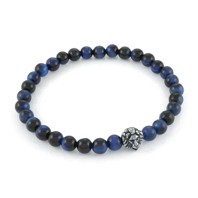 Italgem BB-305-8 Men's Steel Lion Head Blue Tiger Eye 8" Stretch Bracelet