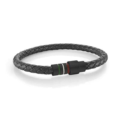 Italgem SLB584 Men's S. Steel Black-IP Matte I-M Flag Design Black Leather Bracelet