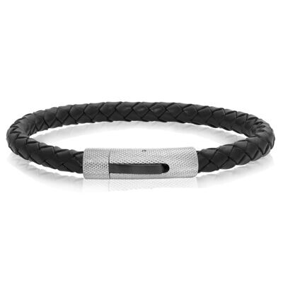 Italgem SLB377 Black Leather Bracelet w/ Texture Steel Clasp