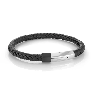 Italgem SLB503 Men’s 7.5" S. Steel Black-Matte-IP Push-Clasp Black-Leather Bracelet