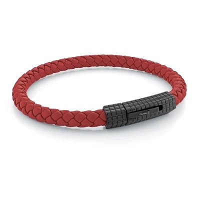 Italegem SLB547-8 Bracelet Red Leather w/ Matte Black Design Checkered Clasp