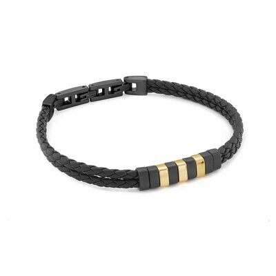 Italgem SLB464 Mens S. Steel Gold Black -IP Double Strand Black Leather Bracelet