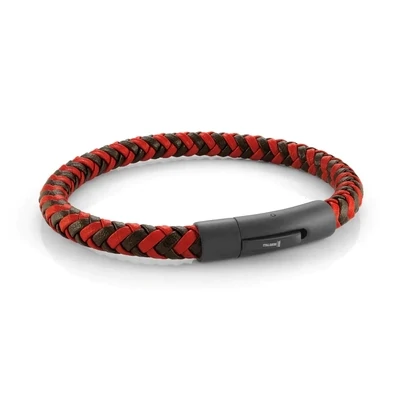 Italgem SLB585 Men's 8" Black IP Matte S. Steel Push Clasp Black & Red Leather Bracelet