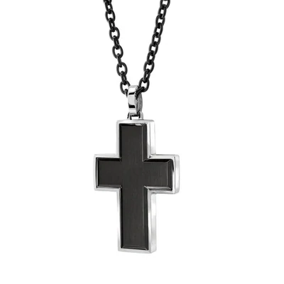 Italgem SC63 Men's 22" Steel Black Brushed Cross w/ Silver Chain Necklace